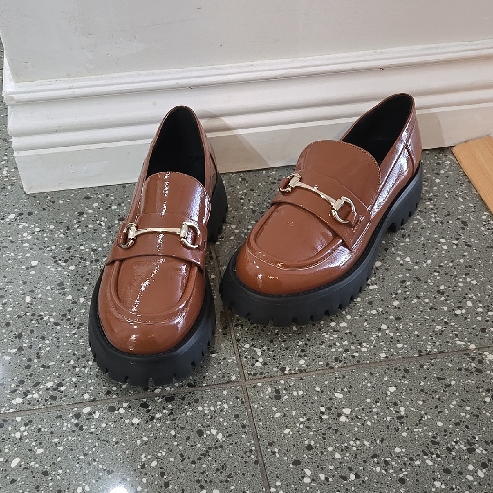Call It Spring Brown Patent Chunky Loafers with Gold Bit
